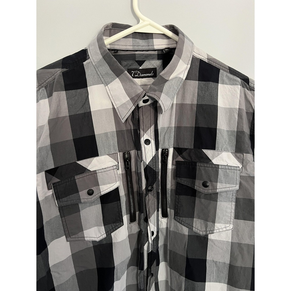 7 Diamonds Shirt Mens XL Black Gray White‎ Plaid Button Down Embroidered Pockets - Picture 2 of 15